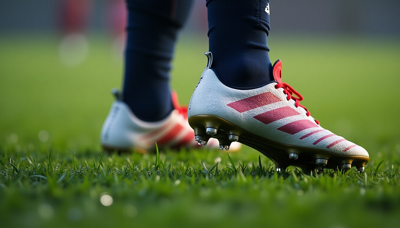 Close view of a football player's cleats on wet grass, highlighting the necessity of suitable footwear.