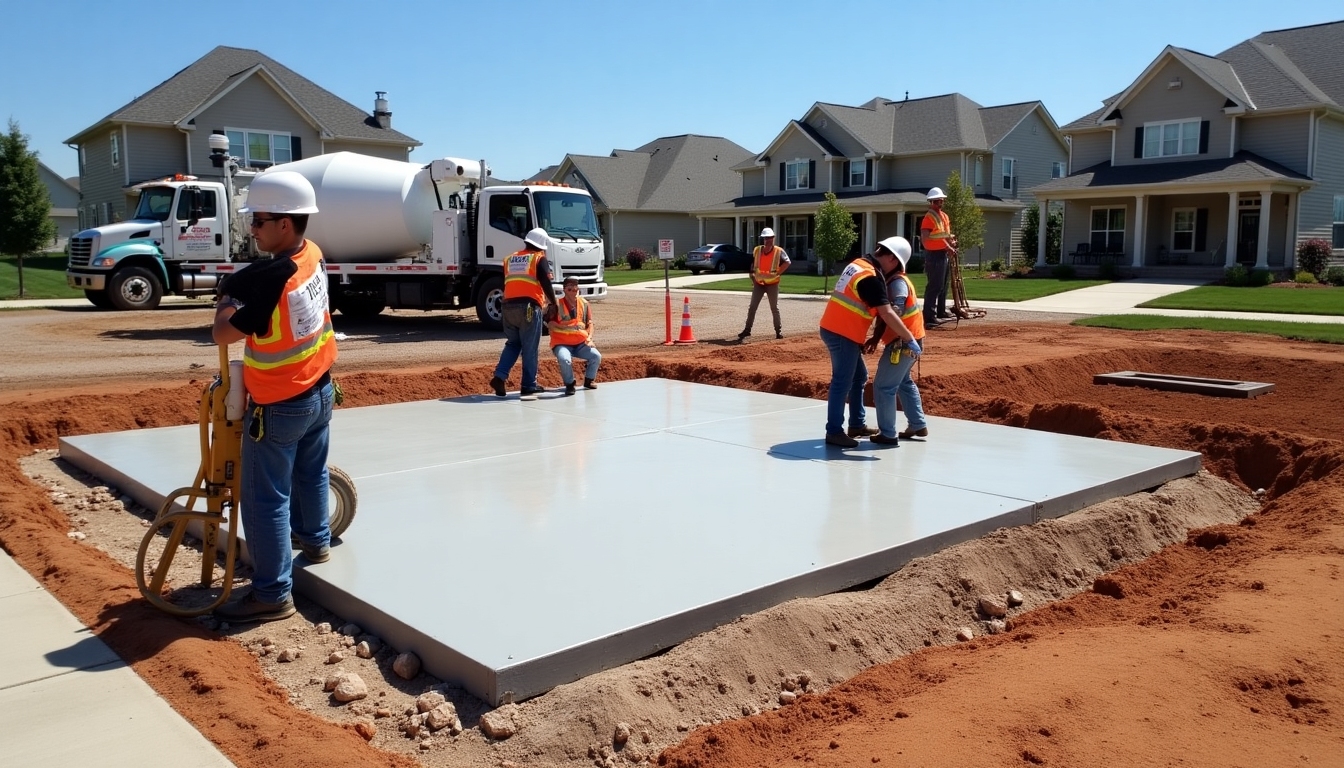 Construction workers laying a concrete slab in a residential area.