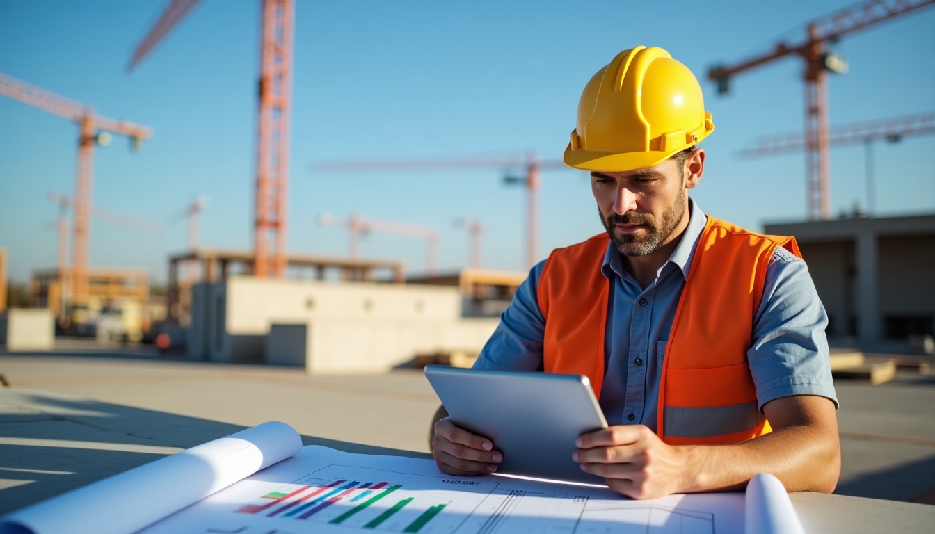 Engineer calculating building load requirements using a digital tablet on site.