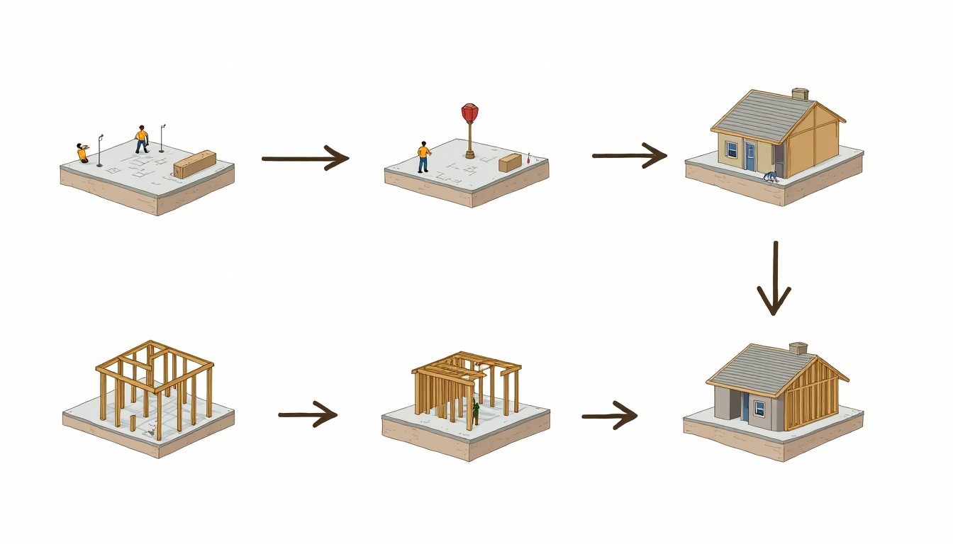 Illustration of a house being built on a slab foundation, displaying each construction step from the ground up.