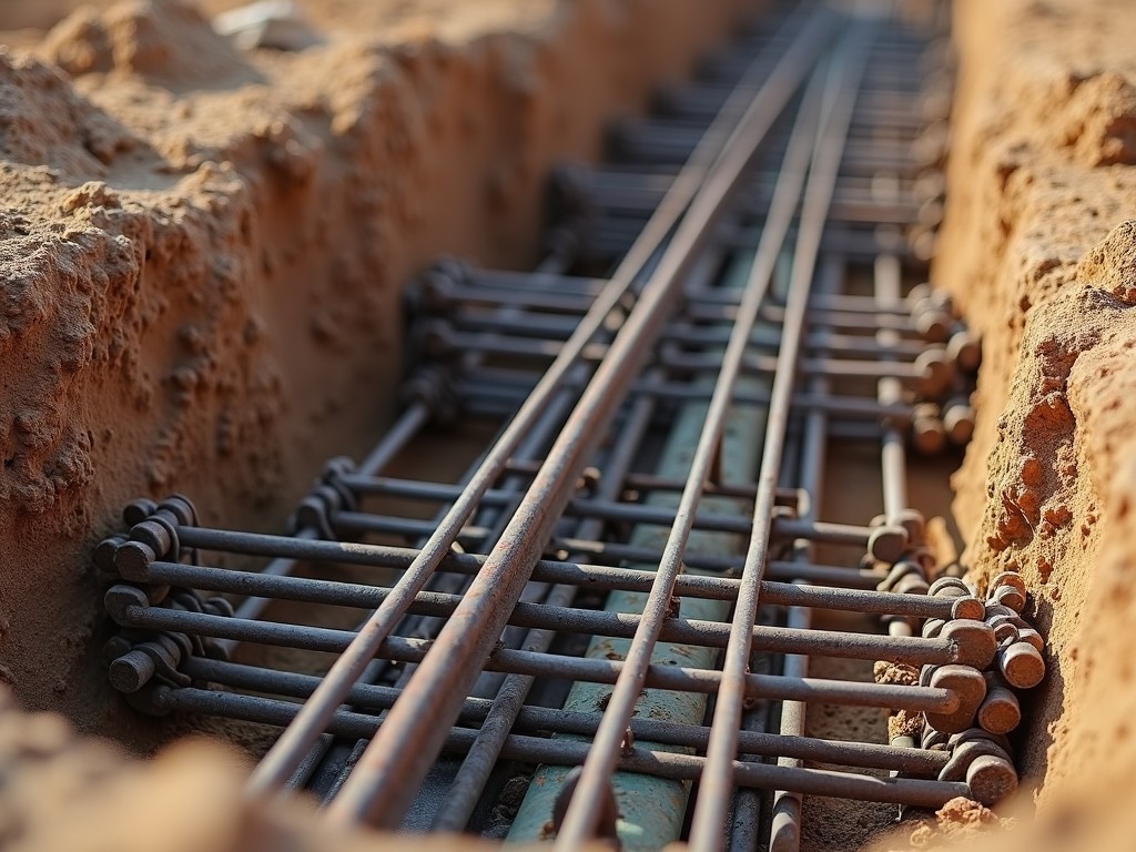 Close-up of rebar grids in a construction trench, showcasing rebar ties and chairs holding them in place.