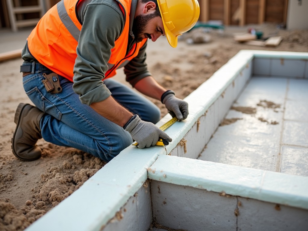 A worker installing rigid foam insulation around house footings
