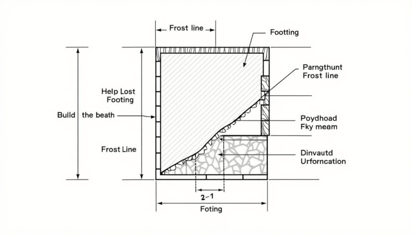 Diagram of building foundation showing frost line and footing depths.