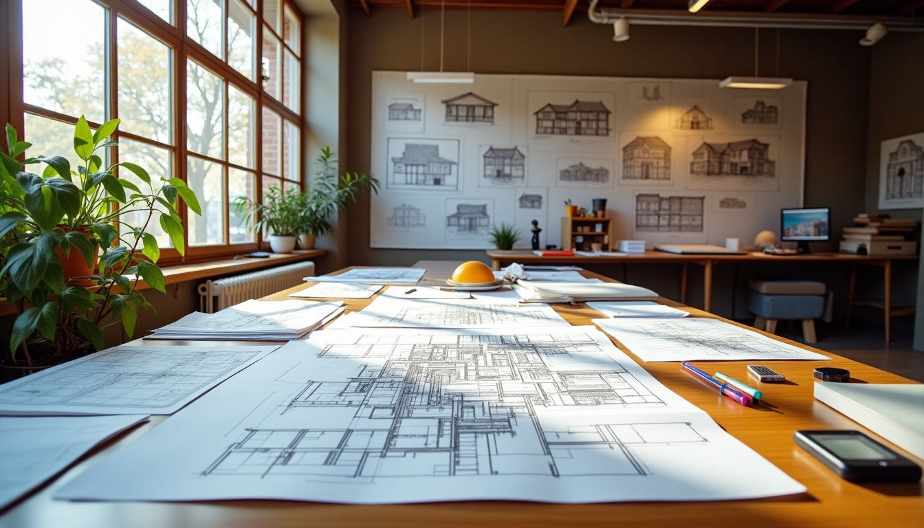 Architectural plans and blueprints spread over a desk, symbolizing the planning phase in foundation design.